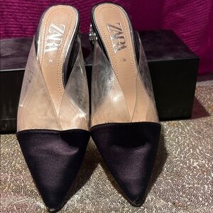 Zara Black and Clear Mules with rhinestone Heels